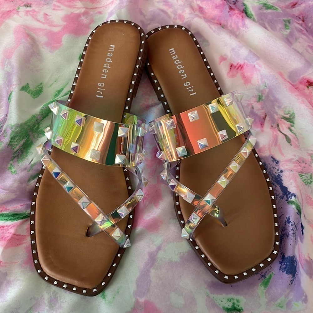 Brand New Madden Girl Heidi Iridescent Studded Slides Sandals